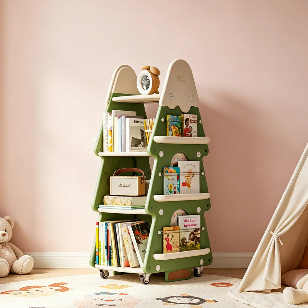 LIVARA Christmas Tree Kids Mobile Bookshelf Multi-Layer Storage with Quiet Casters for Kids Room - Green