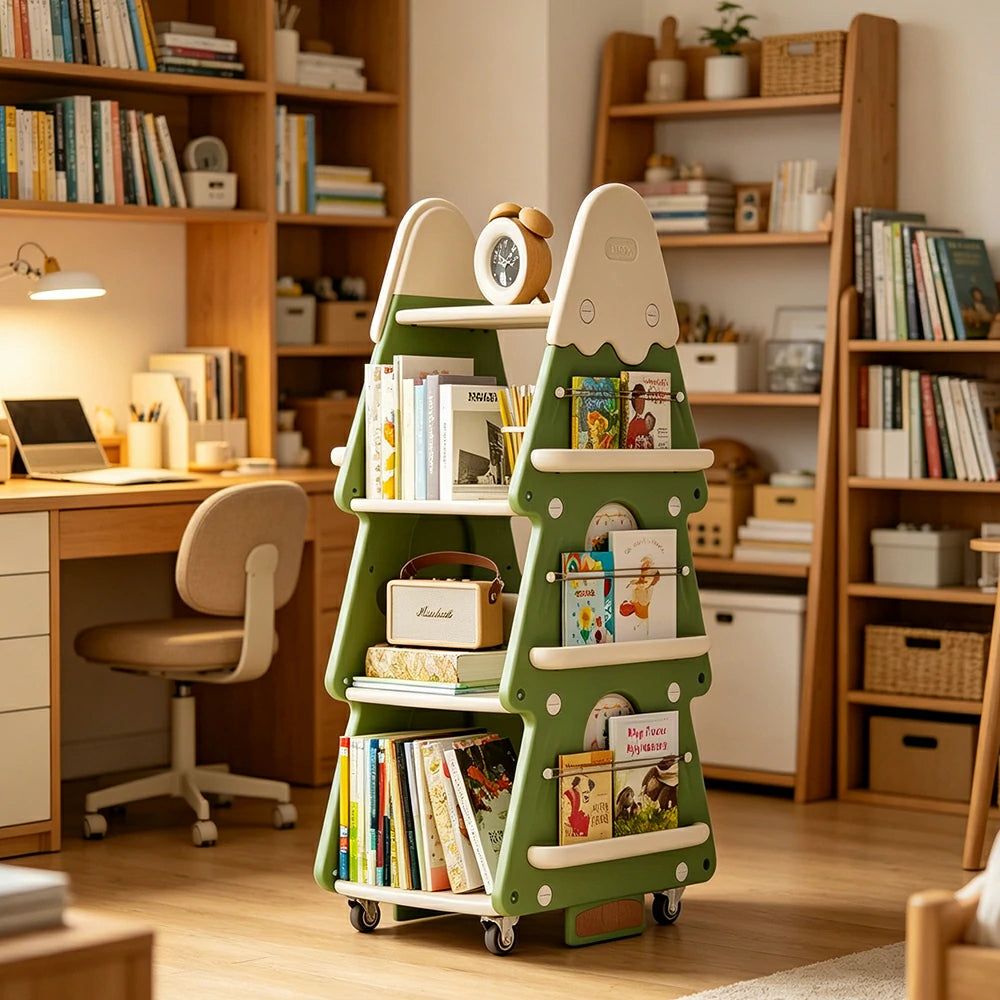 LIVARA Christmas Tree Kids Mobile Bookshelf Multi-Layer Storage with Quiet Casters for Kids Room - Green