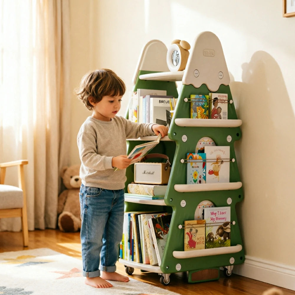 LIVARA Christmas Tree Kids Mobile Bookshelf Multi-Layer Storage with Quiet Casters for Kids Room - Green