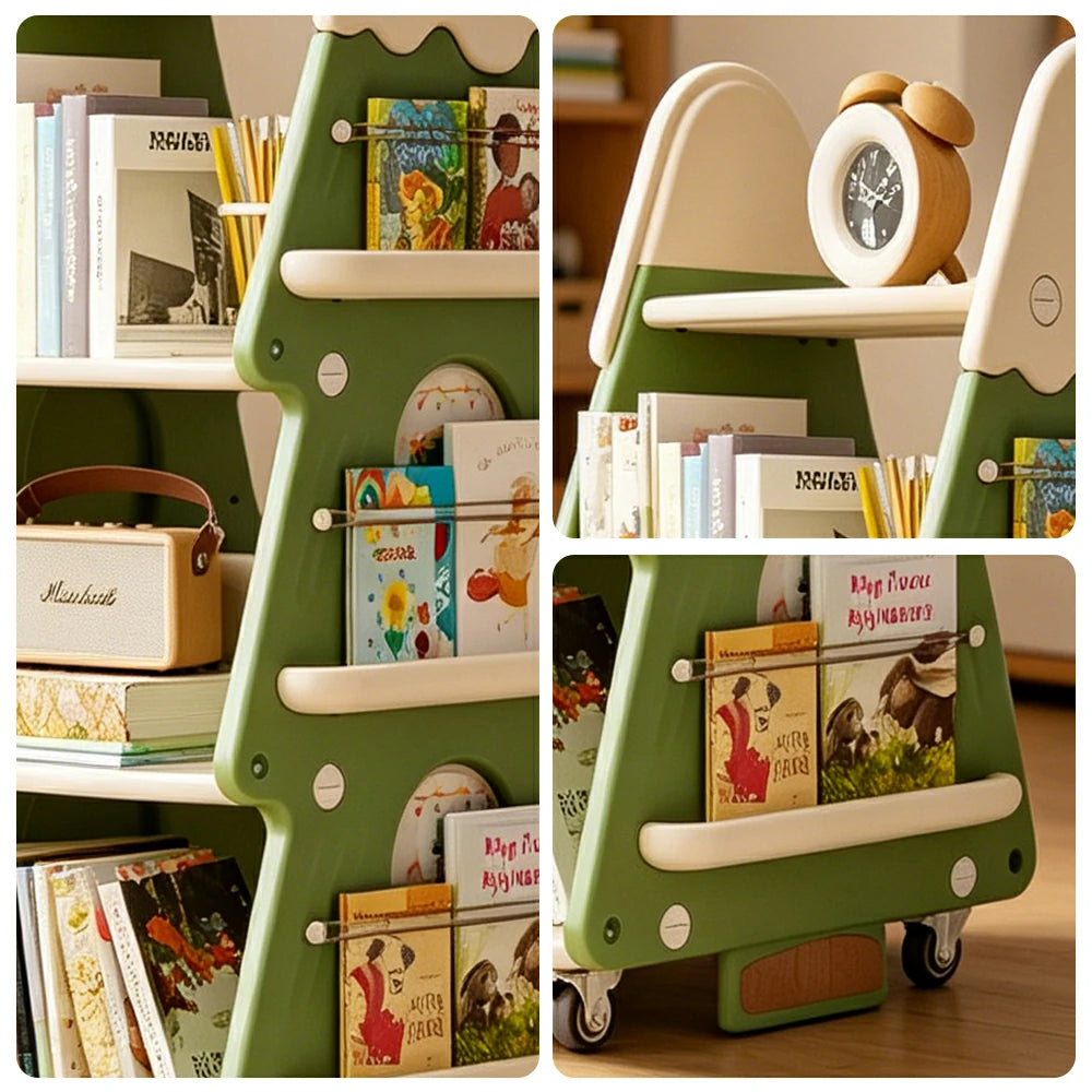 LIVARA Christmas Tree Kids Mobile Bookshelf Multi-Layer Storage with Quiet Casters for Kids Room - Green