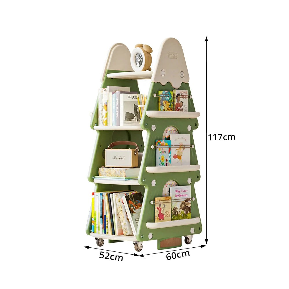 LIVARA Christmas Tree Kids Mobile Bookshelf Multi-Layer Storage with Quiet Casters for Kids Room - Green