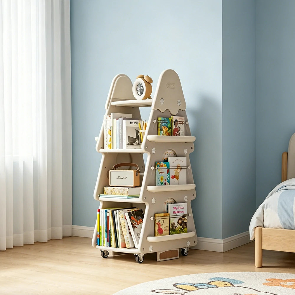 LIVARA Christmas Tree Kids Mobile Bookshelf Multi-Layer Storage with Quiet Casters for Kids Room - White
