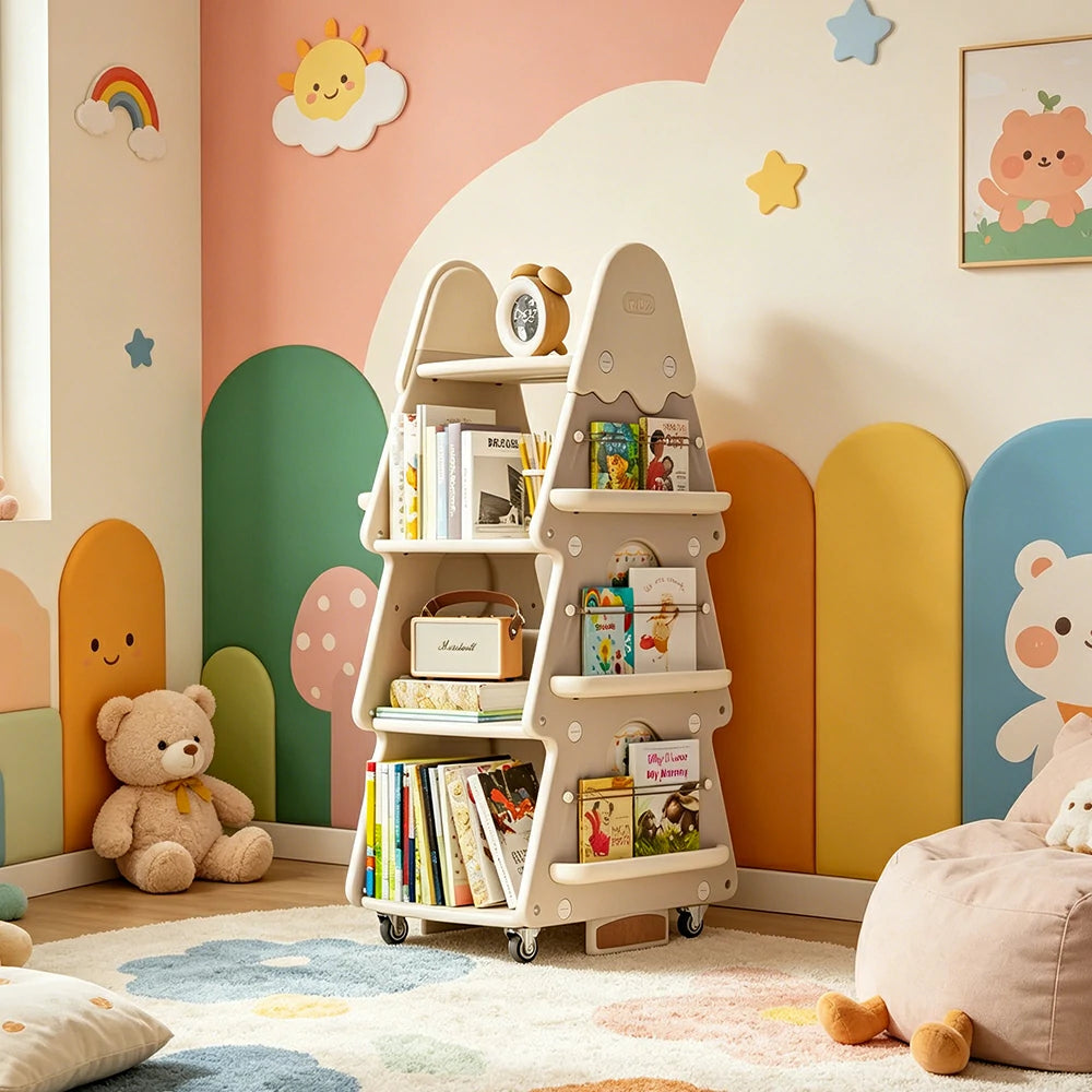 LIVARA Christmas Tree Kids Mobile Bookshelf Multi-Layer Storage with Quiet Casters for Kids Room - White