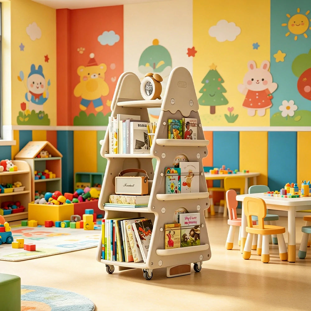 LIVARA Christmas Tree Kids Mobile Bookshelf Multi-Layer Storage with Quiet Casters for Kids Room - White