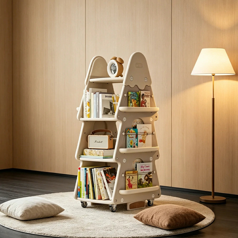 LIVARA Christmas Tree Kids Mobile Bookshelf Multi-Layer Storage with Quiet Casters for Kids Room - White