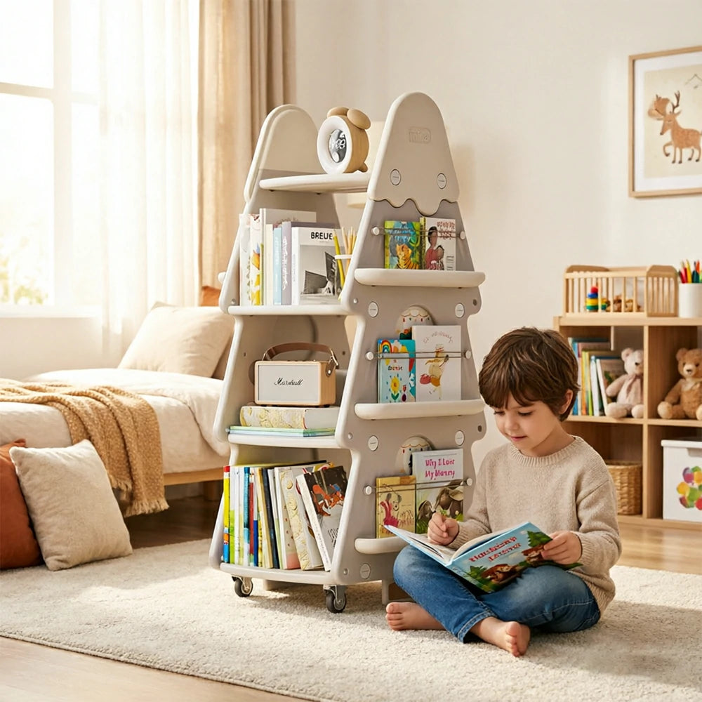 LIVARA Christmas Tree Kids Mobile Bookshelf Multi-Layer Storage with Quiet Casters for Kids Room - White