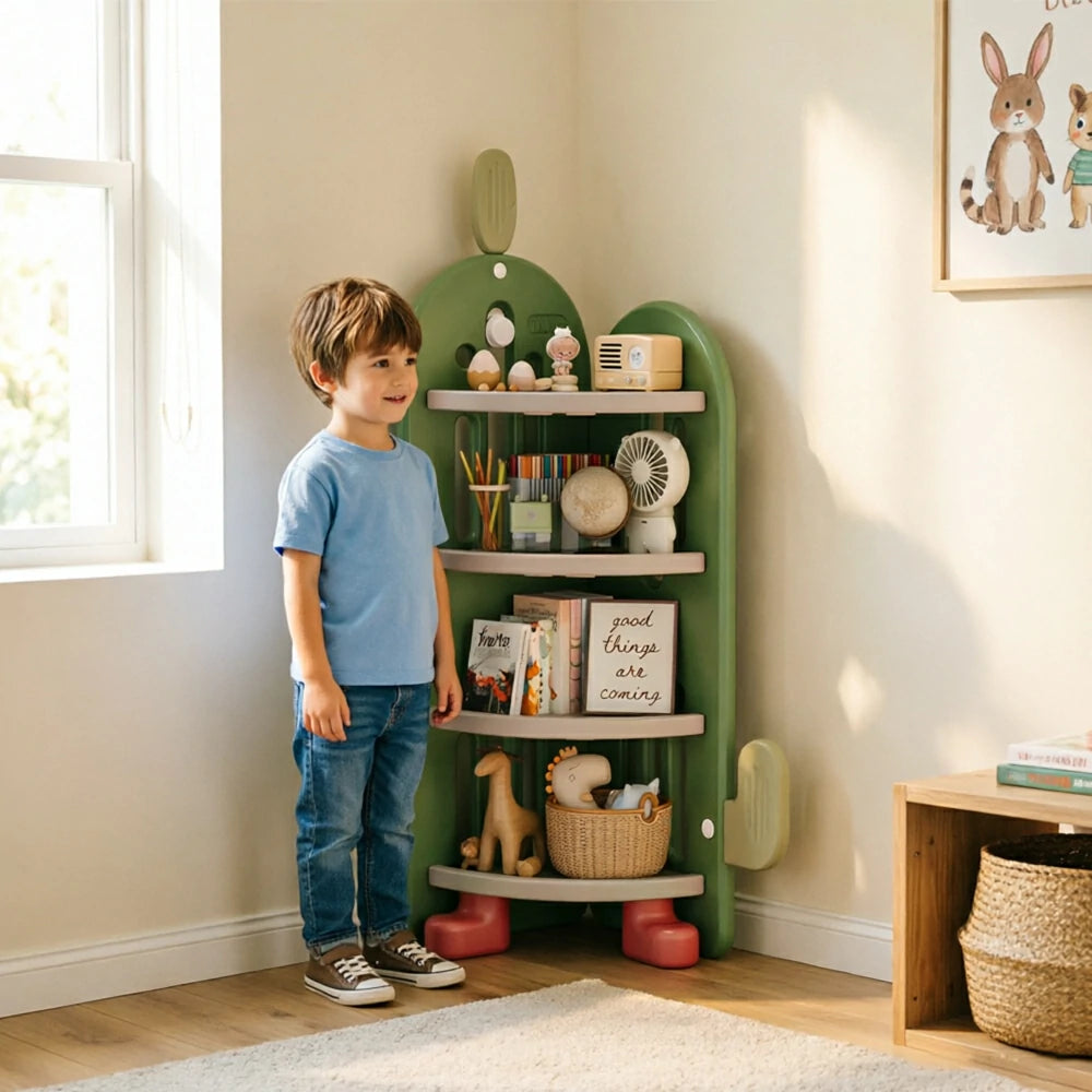 LIVARA Corner Kids Storage Cabinet 4-Tier Organised Storage Stable Anti-Tip Design for Kids Room & Play Area - Green