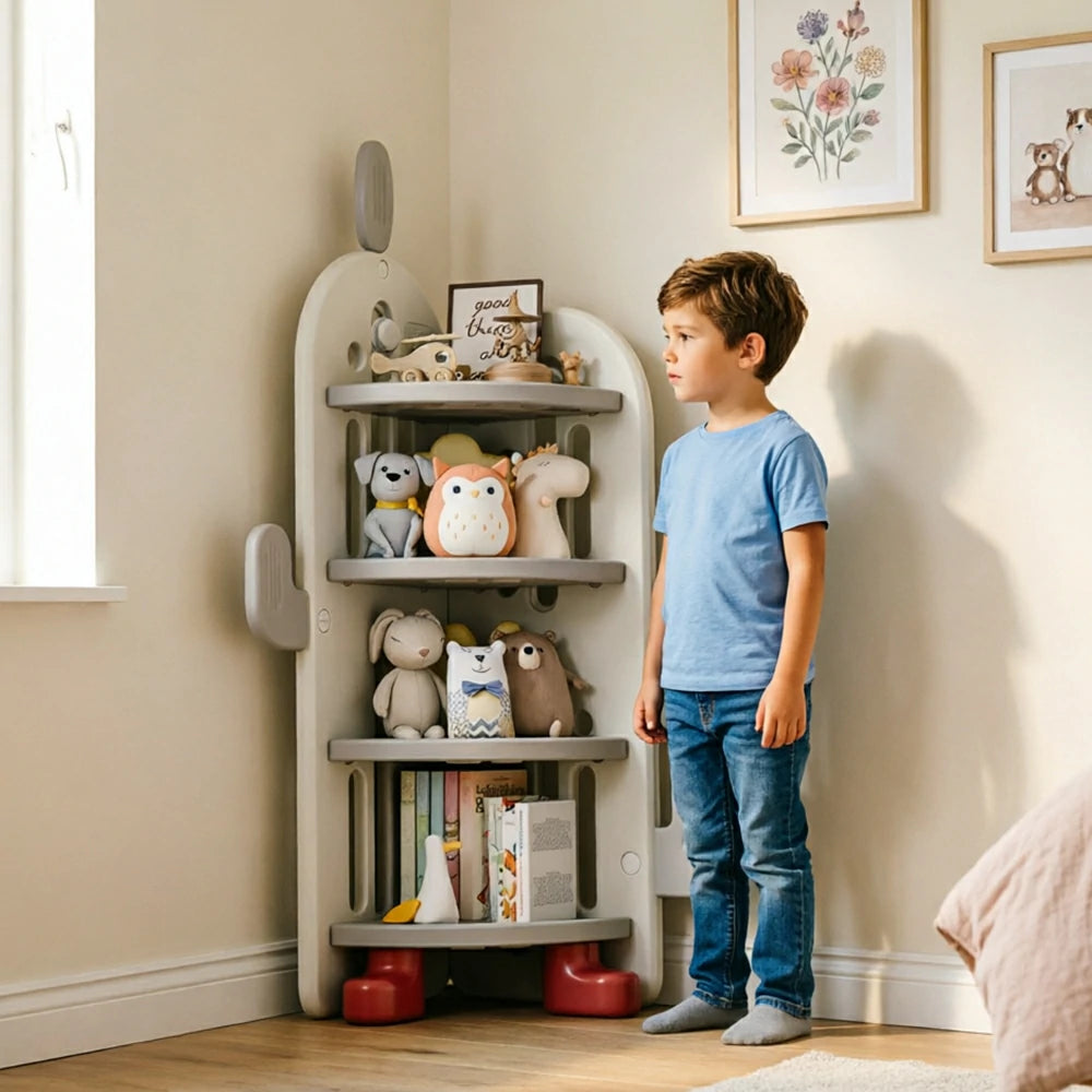 LIVARA Corner Kids Storage Cabinet 4-Tier Organised Storage Stable Anti-Tip Design for Kids Room & Play Area - White