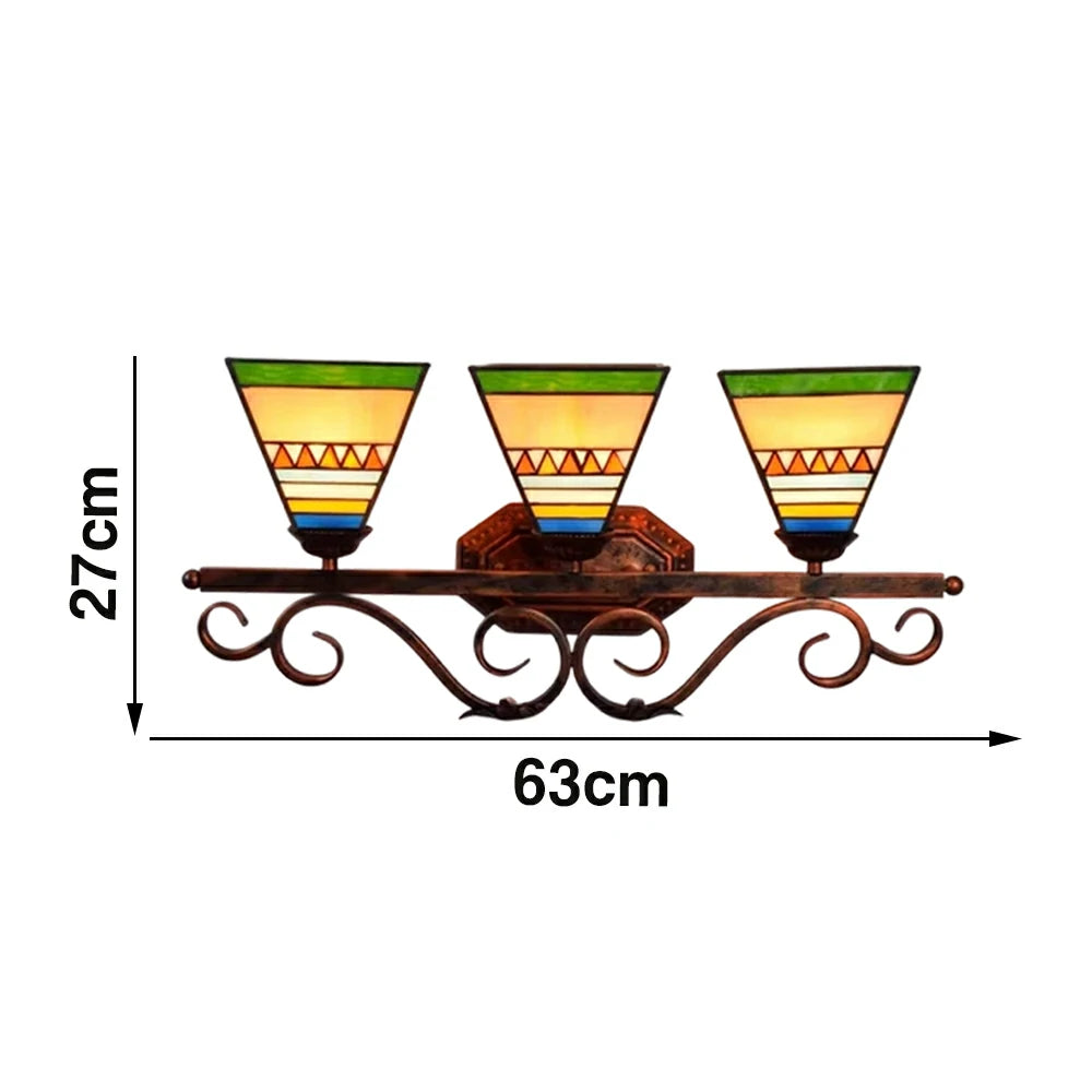 LIVARA European Vintage Pyramid Design 3-Light Wall Light Stained Glass Handcrafted Iron Frame 63cm Living Room Bedroom Dining