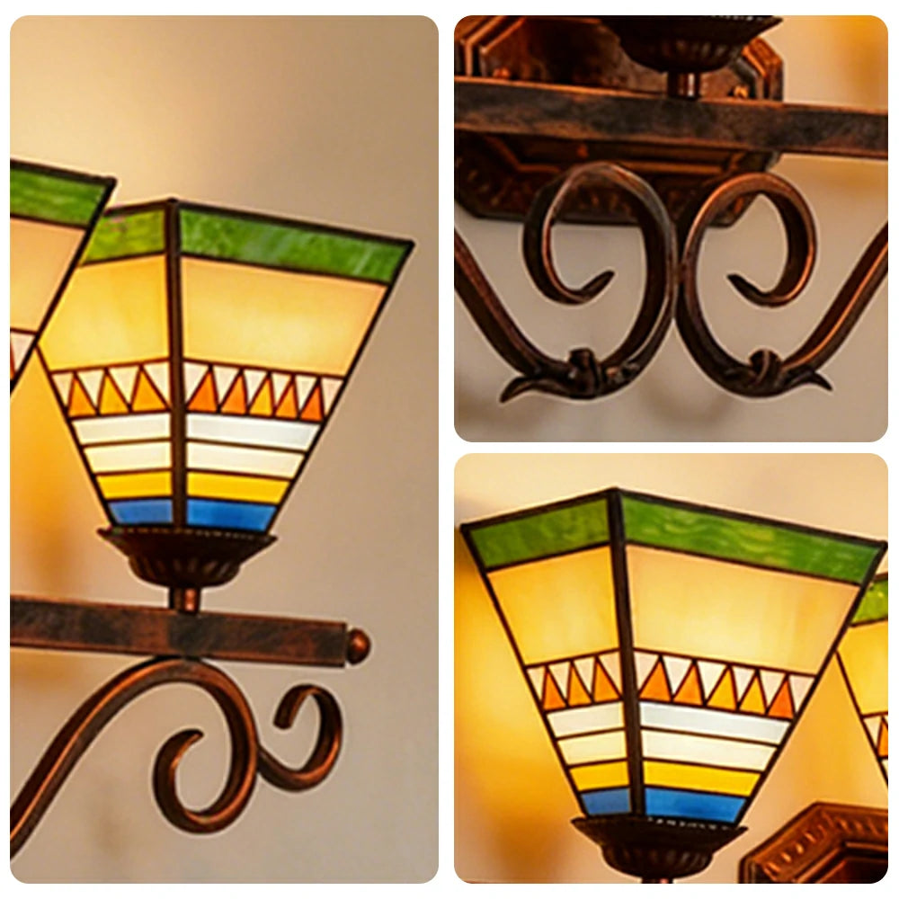 LIVARA European Vintage Pyramid Design 3-Light Wall Light Stained Glass Handcrafted Iron Frame 63cm Living Room Bedroom Dining