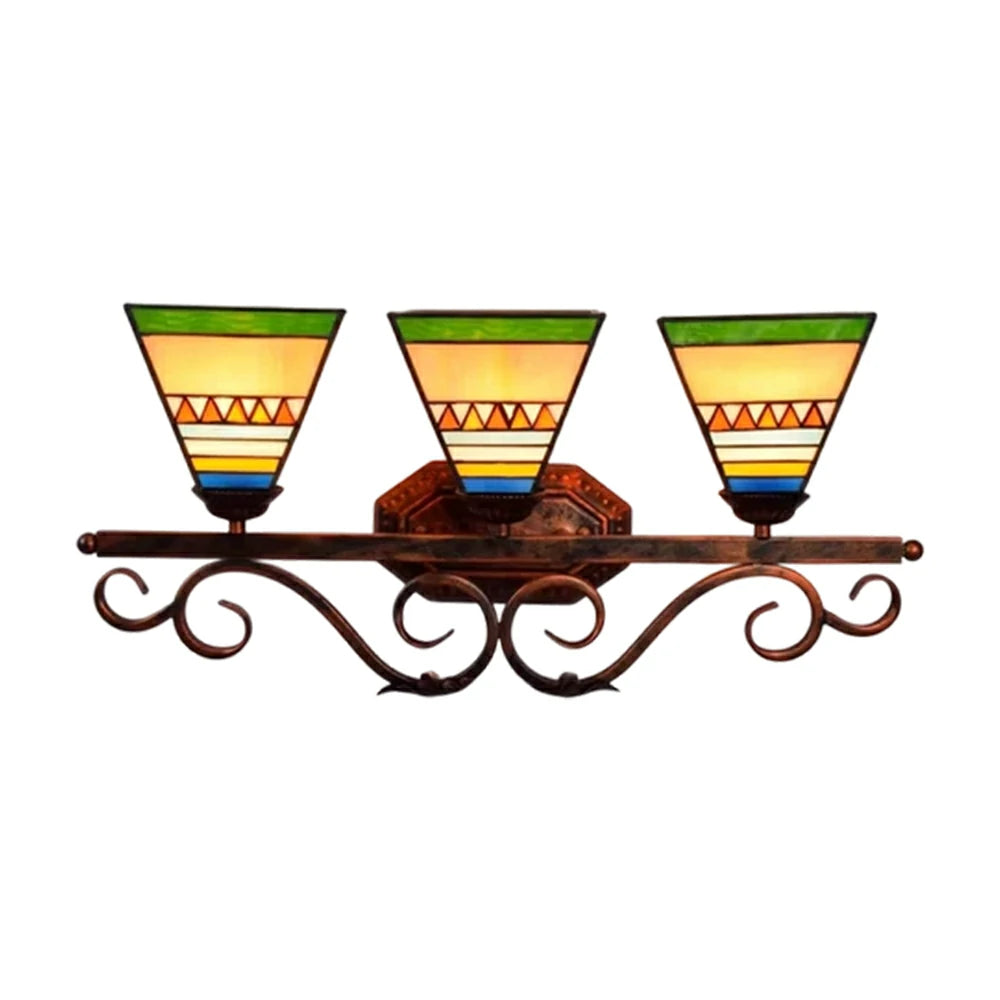 LIVARA European Vintage Pyramid Design 3-Light Wall Light Stained Glass Handcrafted Iron Frame 63cm Living Room Bedroom Dining