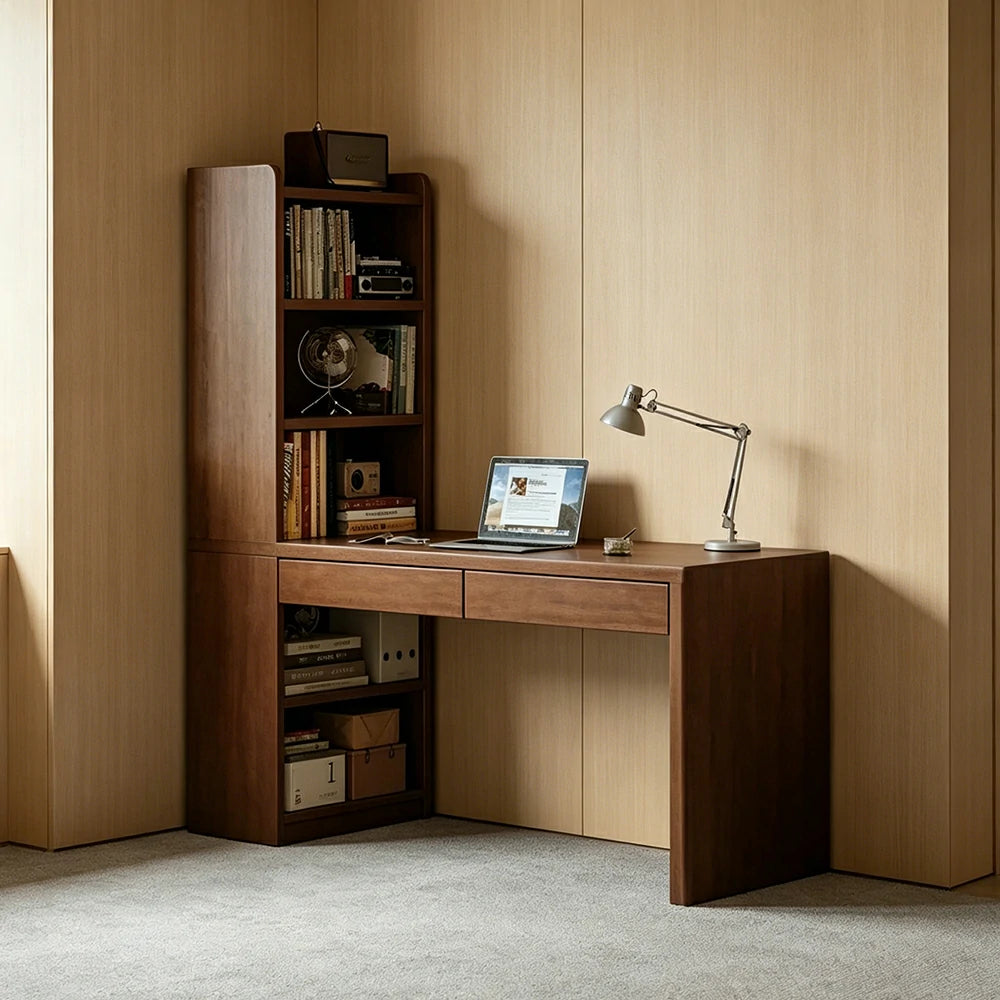 LIVARA All-in-One Desk & Bookshelf L-Shaped Space-Saving Dual Drawers 6-Tier Open Storage for Home Office & Study Room