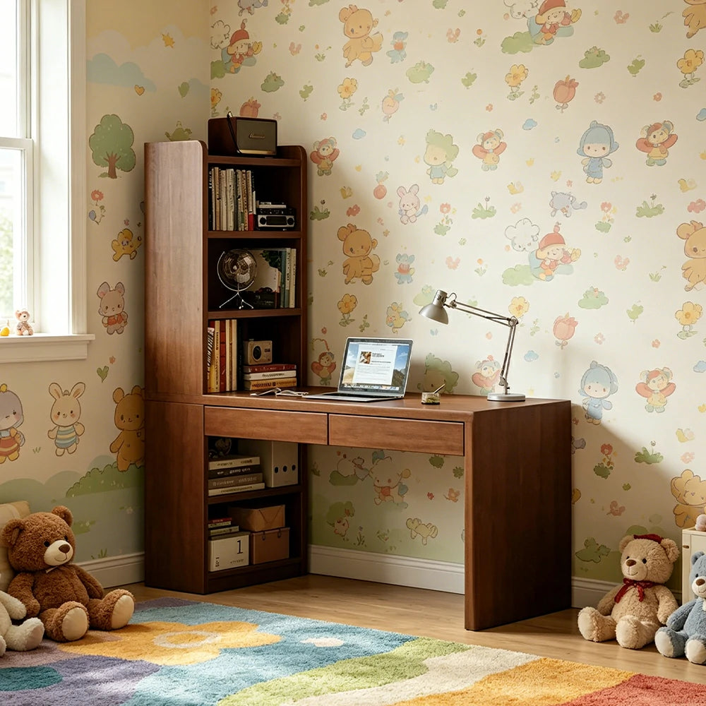 LIVARA All-in-One Desk & Bookshelf L-Shaped Space-Saving Dual Drawers 6-Tier Open Storage for Home Office & Study Room