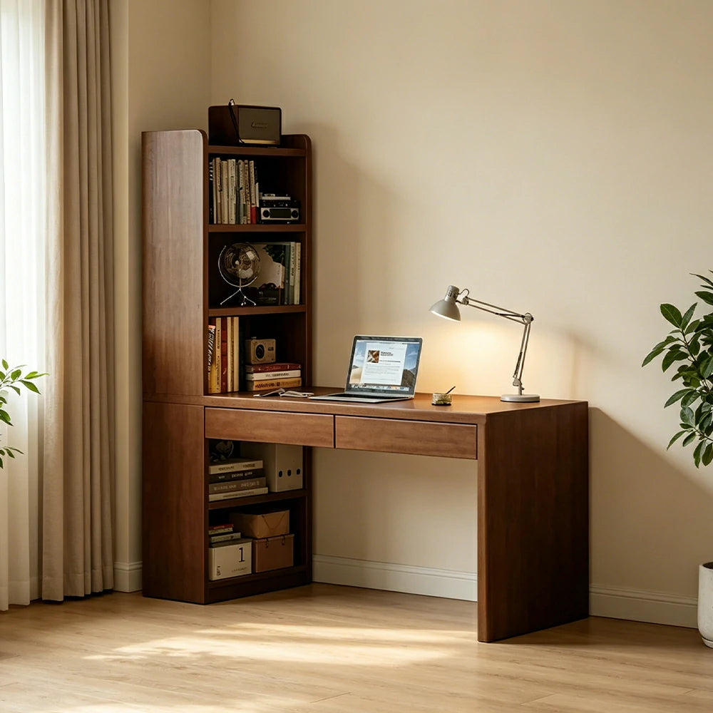LIVARA All-in-One Desk & Bookshelf L-Shaped Space-Saving Dual Drawers 6-Tier Open Storage for Home Office & Study Room