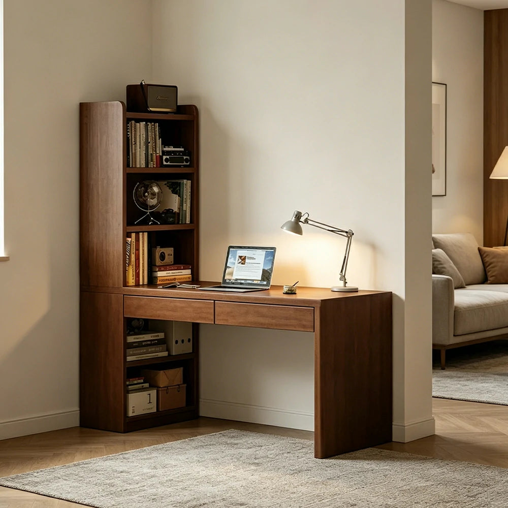 LIVARA All-in-One Desk & Bookshelf L-Shaped Space-Saving Dual Drawers 6-Tier Open Storage for Home Office & Study Room