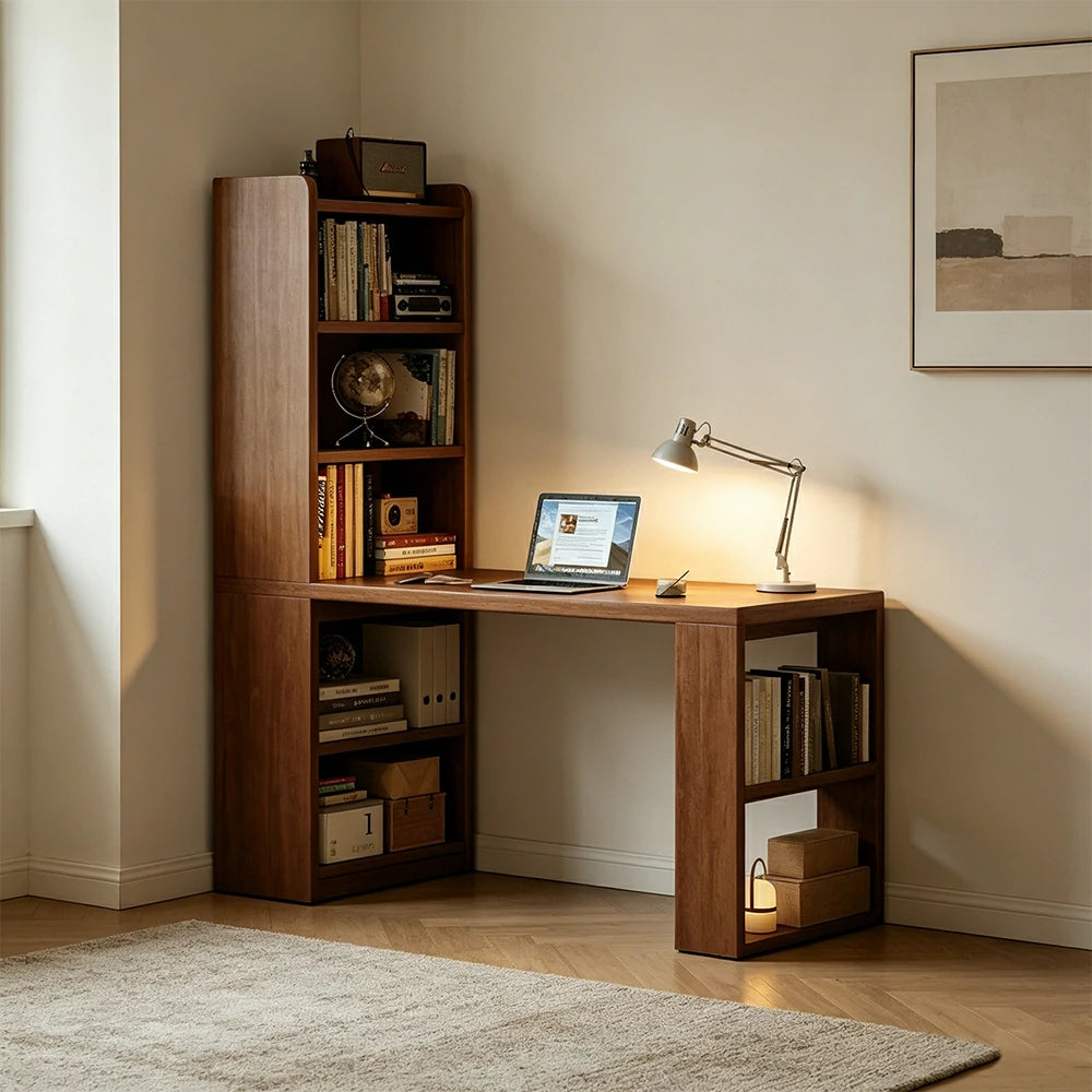 LIVARA All-in-One Desk & Bookshelf L-Shaped Space-Saving Side Cabinet 6-Tier Open Storage for Home Office & Study Room