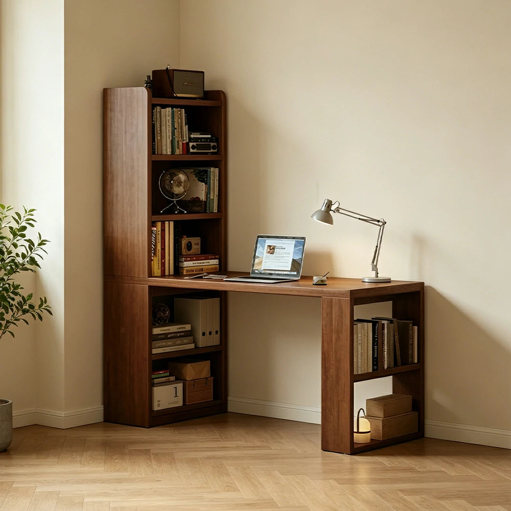 LIVARA All-in-One Desk & Bookshelf L-Shaped Space-Saving Side Cabinet 6-Tier Open Storage for Home Office & Study Room