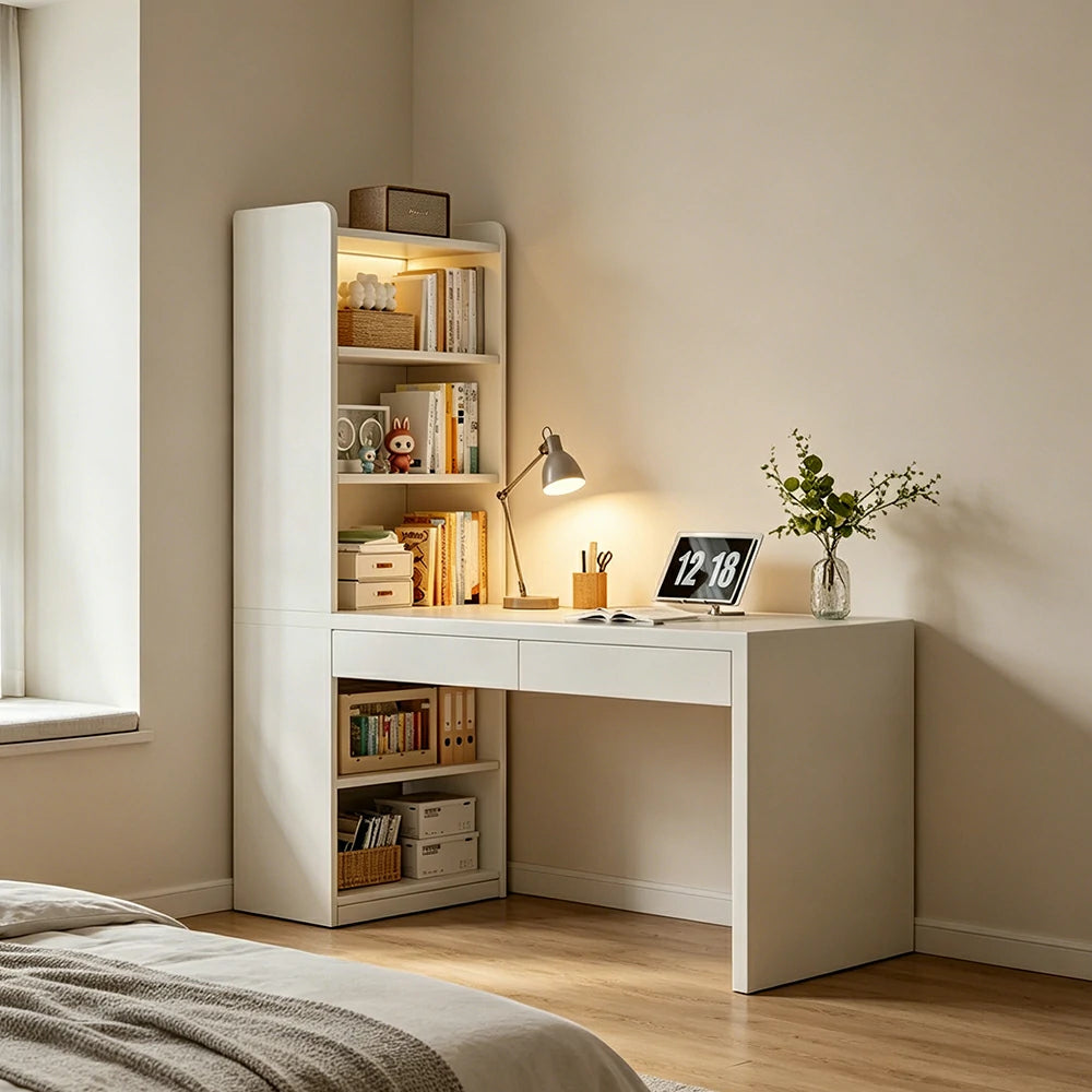 LIVARA Integrated Desk & Bookshelf Multi-Functional Storage with Double Drawers for Bedroom, Study & Home Office