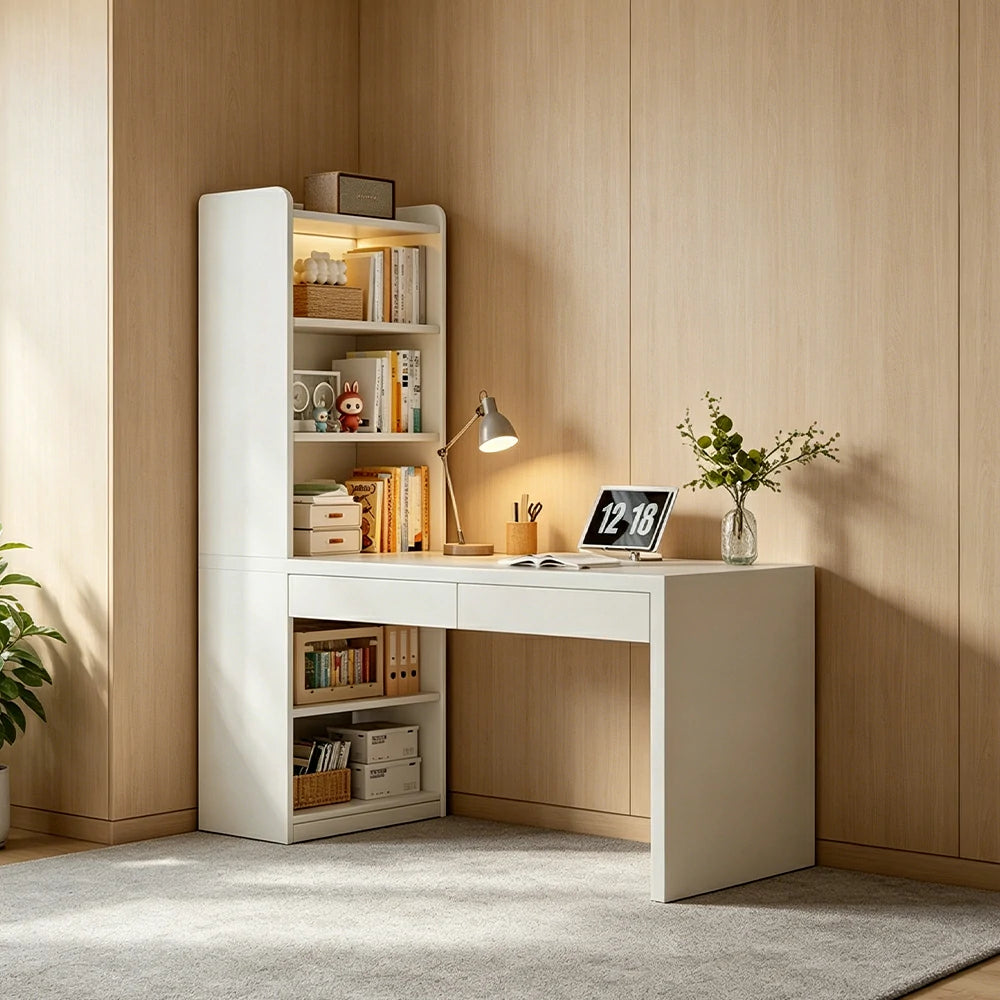 LIVARA Integrated Desk & Bookshelf Multi-Functional Storage with Double Drawers for Bedroom, Study & Home Office