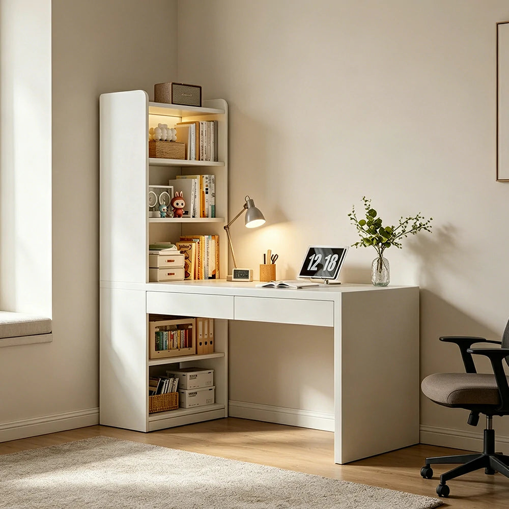 LIVARA Integrated Desk & Bookshelf Multi-Functional Storage with Double Drawers for Bedroom, Study & Home Office