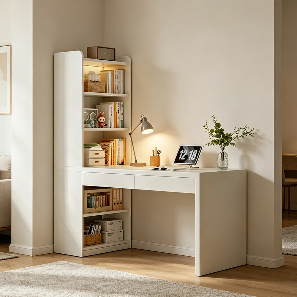 LIVARA Integrated Desk & Bookshelf Multi-Functional Storage with Double Drawers for Bedroom, Study & Home Office