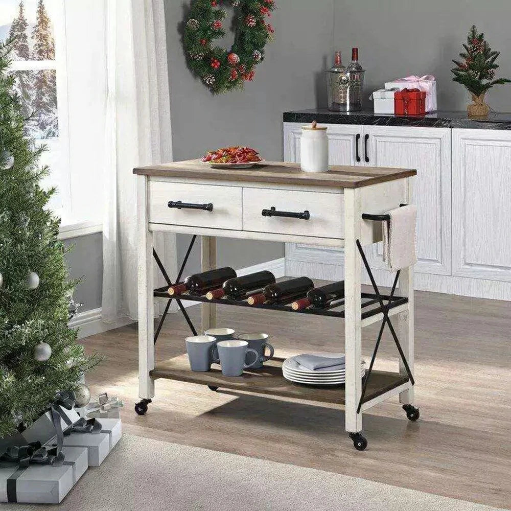 LIVARA Rustic Kitchen Trolley - Drawer Storage with 20 Bottle Wine Rack - Durable MDF Top - Farmhouse Rolling Island Cart with 360 Degree Castors