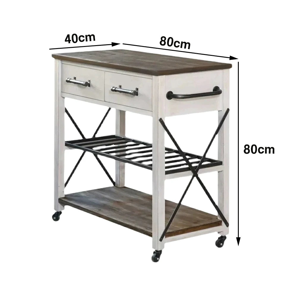 LIVARA Rustic Kitchen Trolley - Drawer Storage with 20 Bottle Wine Rack - Durable MDF Top - Farmhouse Rolling Island Cart with 360 Degree Castors