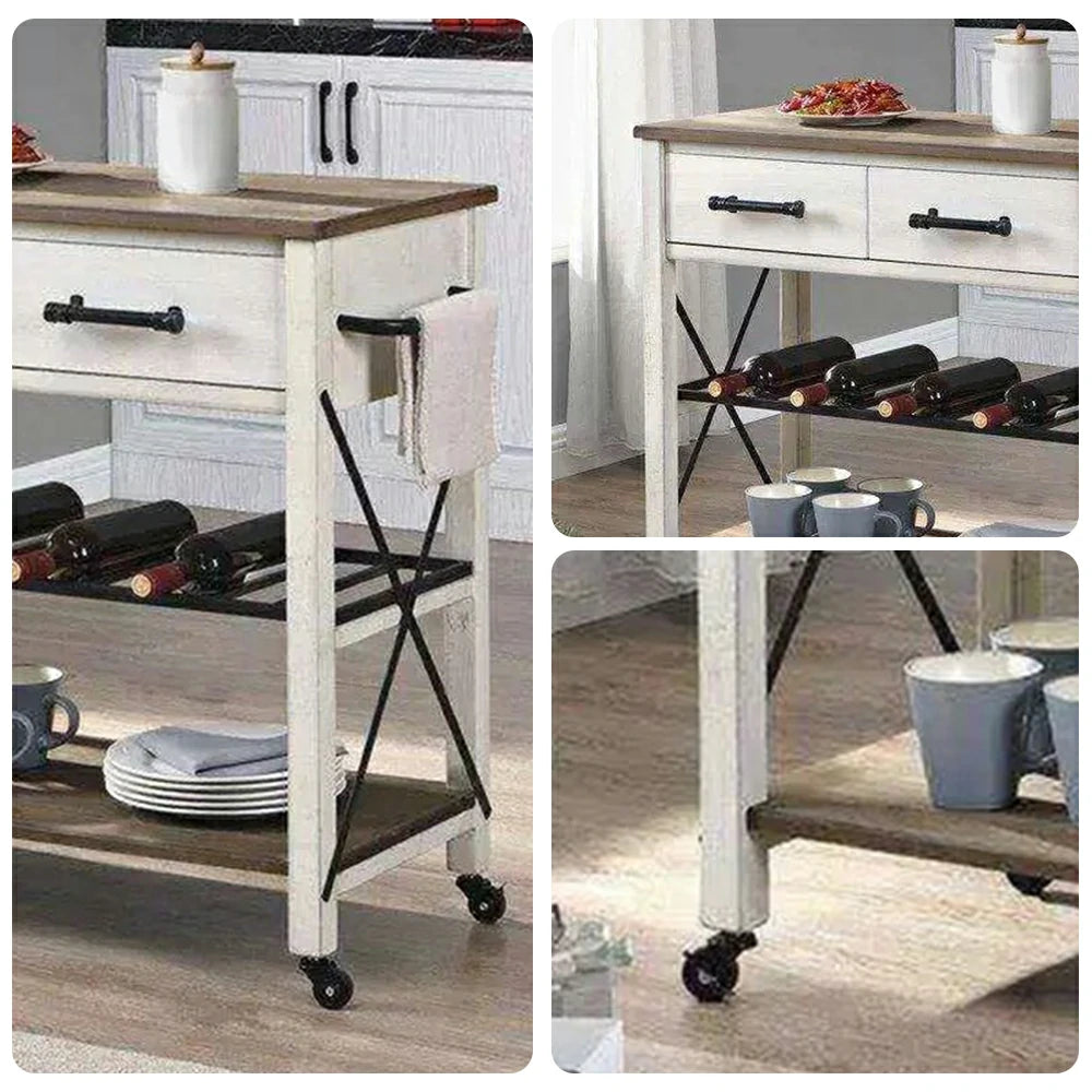LIVARA Rustic Kitchen Trolley - Drawer Storage with 20 Bottle Wine Rack - Durable MDF Top - Farmhouse Rolling Island Cart with 360 Degree Castors