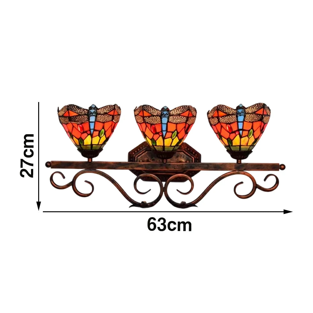 LIVARA European Vintage Red Dragonfly 3-Light Wall Light Stained Glass Handcrafted Iron Frame 63cm Living Room Bedroom Dining