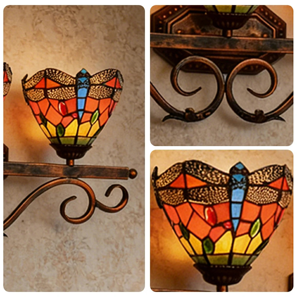 LIVARA European Vintage Red Dragonfly 3-Light Wall Light Stained Glass Handcrafted Iron Frame 63cm Living Room Bedroom Dining