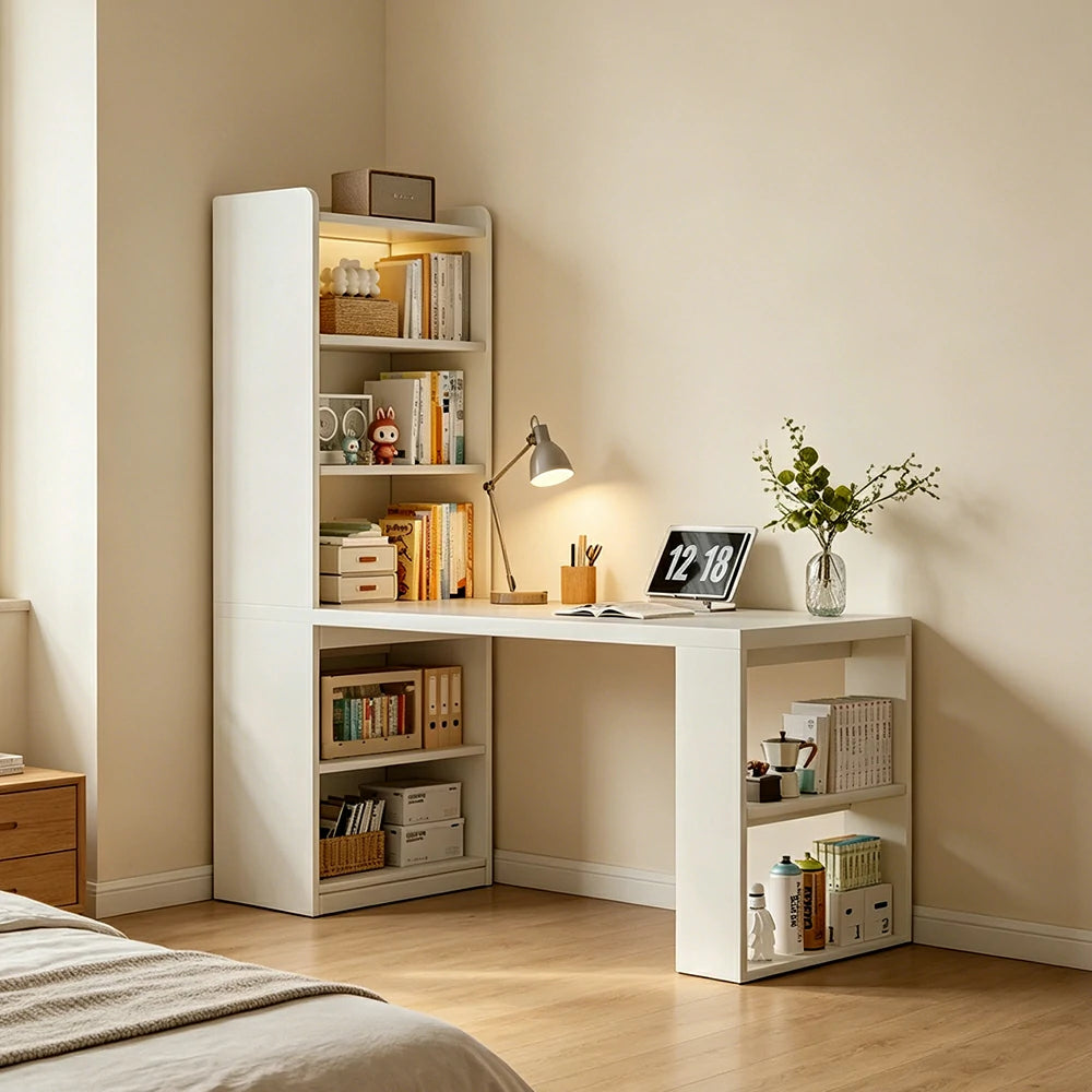 LIVARA Integrated Desk & Bookshelf Multi-Functional Storage with Side Cabinet for Bedroom, Study & Home Office