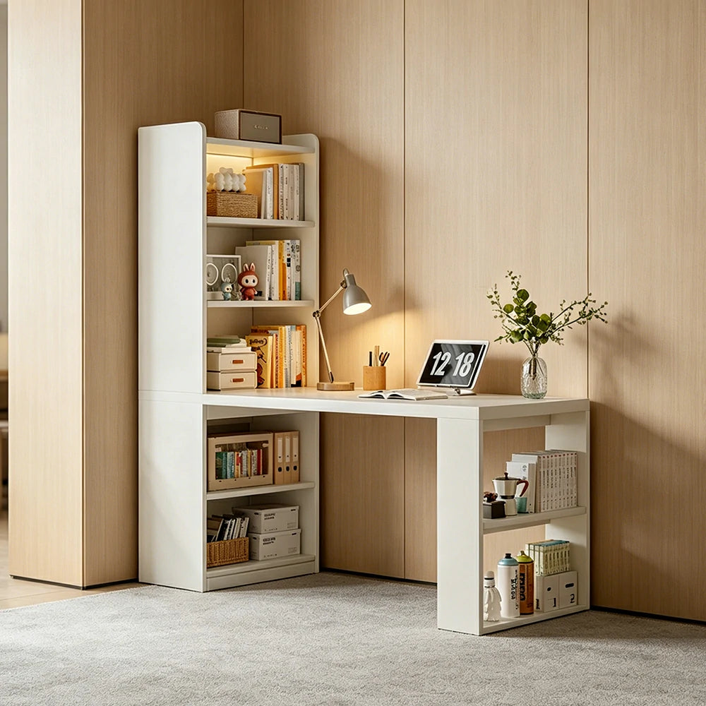 LIVARA Integrated Desk & Bookshelf Multi-Functional Storage with Side Cabinet for Bedroom, Study & Home Office