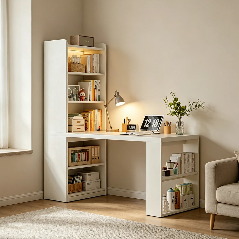 LIVARA Integrated Desk & Bookshelf Multi-Functional Storage with Side Cabinet for Bedroom, Study & Home Office