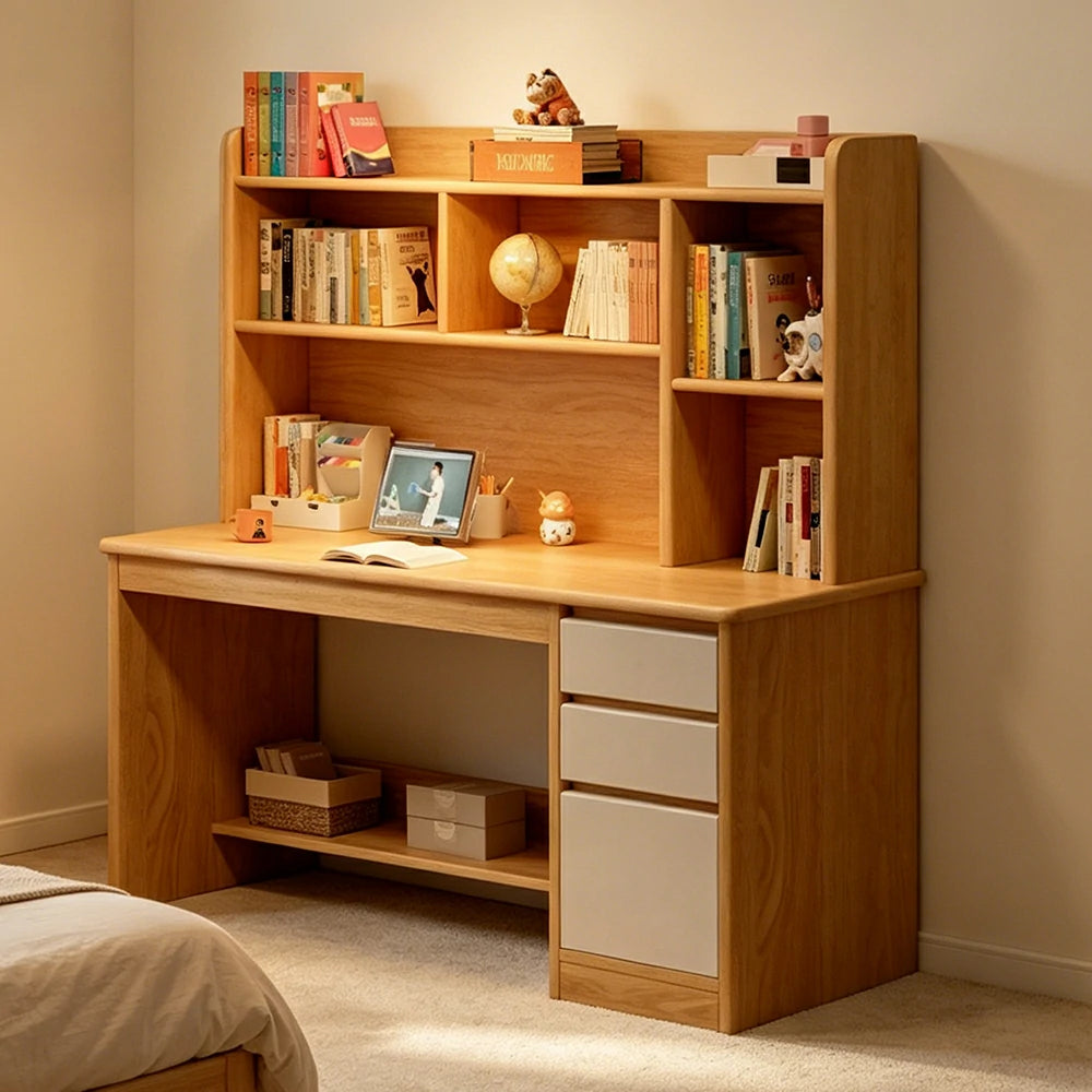 LIVARA Integrated Desk & Bookshelf with Large Storage for Bedroom, Study Room & Learning Area - Wood