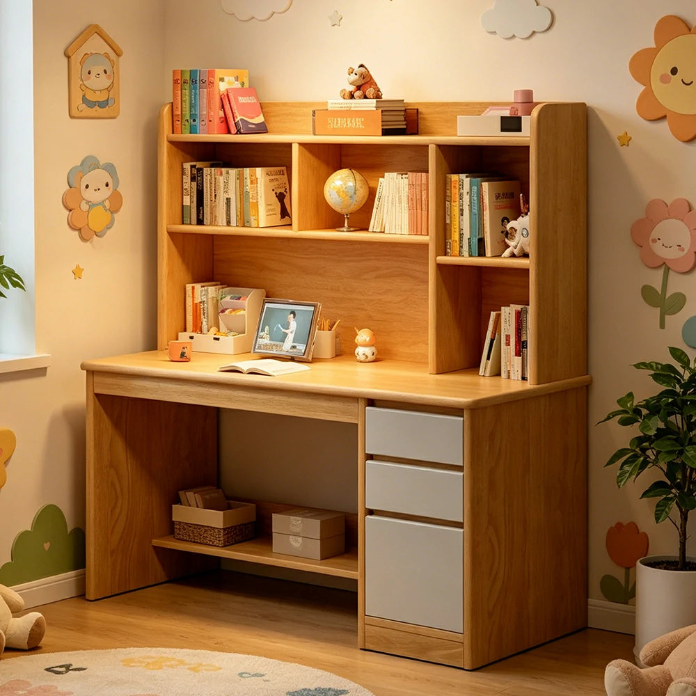 LIVARA Integrated Desk & Bookshelf with Large Storage for Bedroom, Study Room & Learning Area - Wood