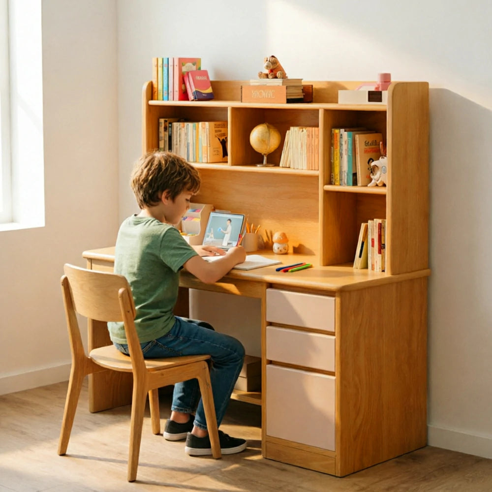 LIVARA Integrated Desk & Bookshelf with Large Storage for Bedroom, Study Room & Learning Area - Wood