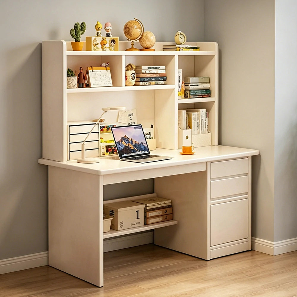 LIVARA Integrated Desk & Bookshelf with Large Storage for Bedroom, Study Room & Learning Area - White