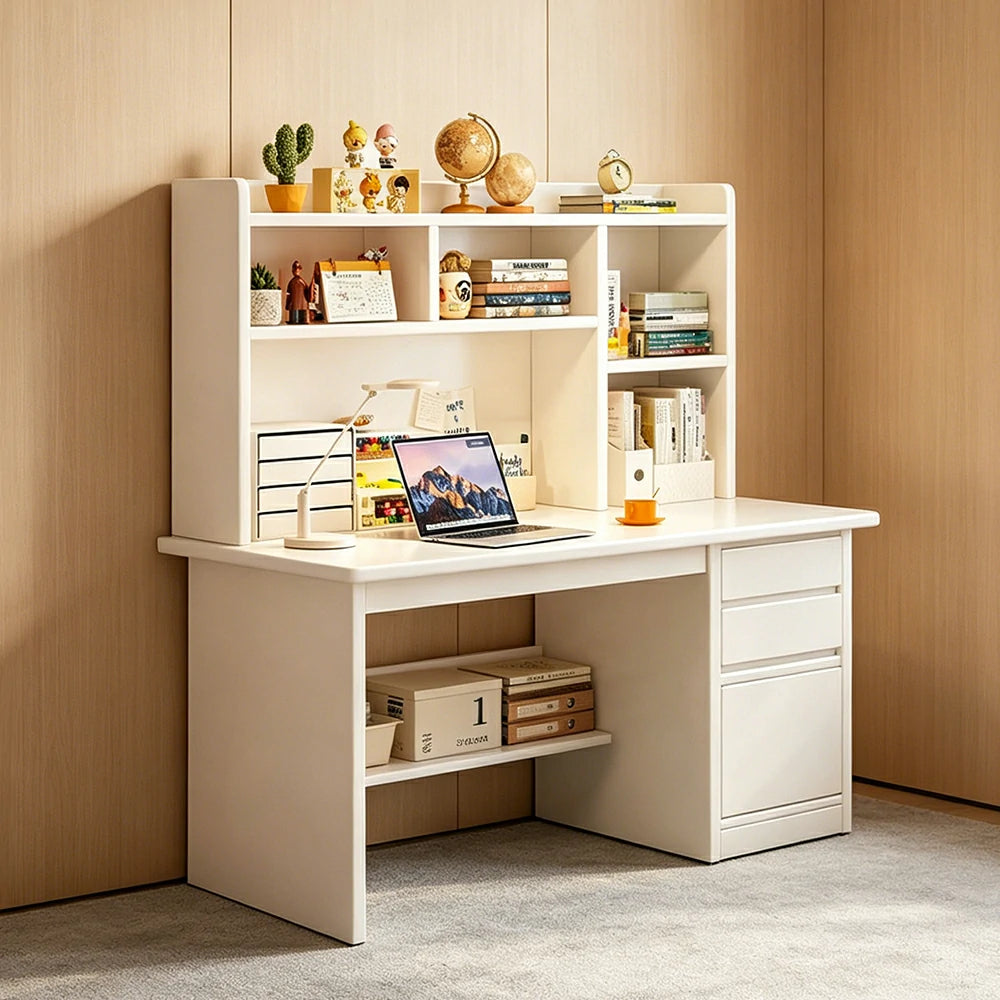LIVARA Integrated Desk & Bookshelf with Large Storage for Bedroom, Study Room & Learning Area - White