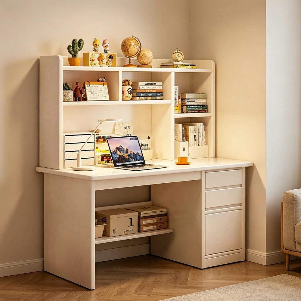 LIVARA Integrated Desk & Bookshelf with Large Storage for Bedroom, Study Room & Learning Area - White