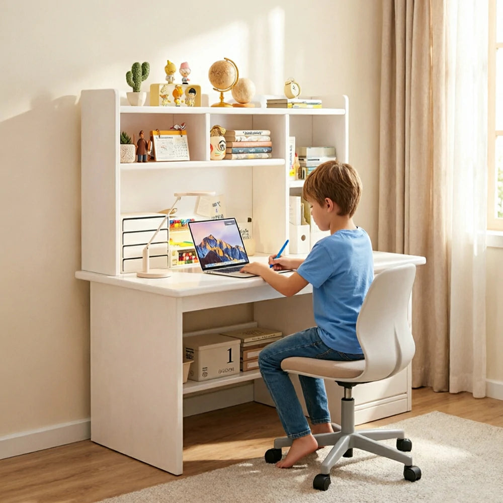 LIVARA Integrated Desk & Bookshelf with Large Storage for Bedroom, Study Room & Learning Area - White