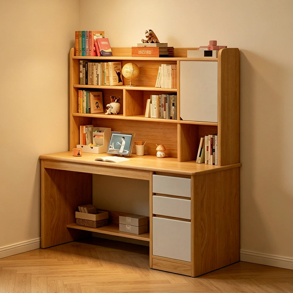 LIVARA Integrated Desk & Bookshelf High Cabinet with Large Storage for Bedroom, Study Room & Learning Area - Wood