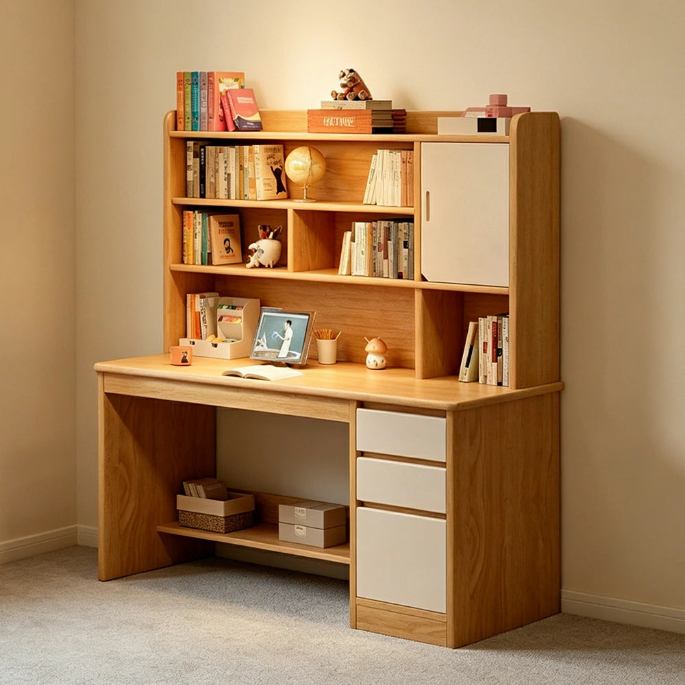 LIVARA Integrated Desk & Bookshelf High Cabinet with Large Storage for Bedroom, Study Room & Learning Area - Wood