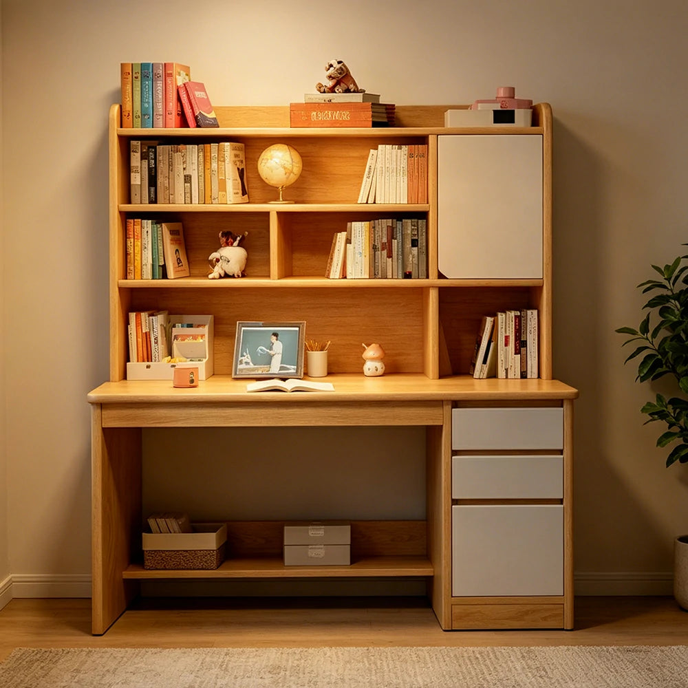 LIVARA Integrated Desk & Bookshelf High Cabinet with Large Storage for Bedroom, Study Room & Learning Area - Wood
