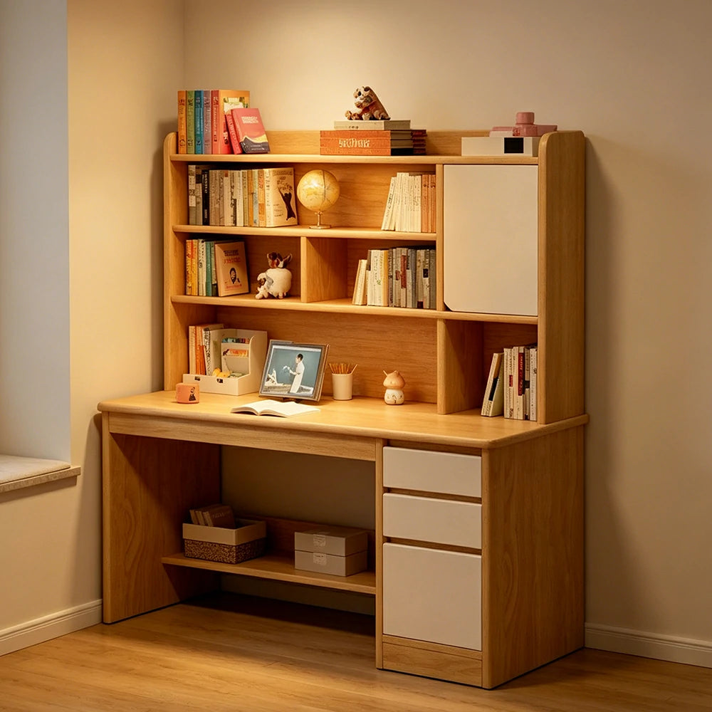 LIVARA Integrated Desk & Bookshelf High Cabinet with Large Storage for Bedroom, Study Room & Learning Area - Wood