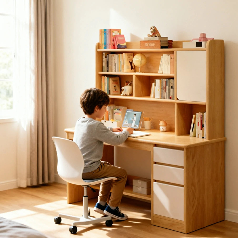 LIVARA Integrated Desk & Bookshelf High Cabinet with Large Storage for Bedroom, Study Room & Learning Area - Wood