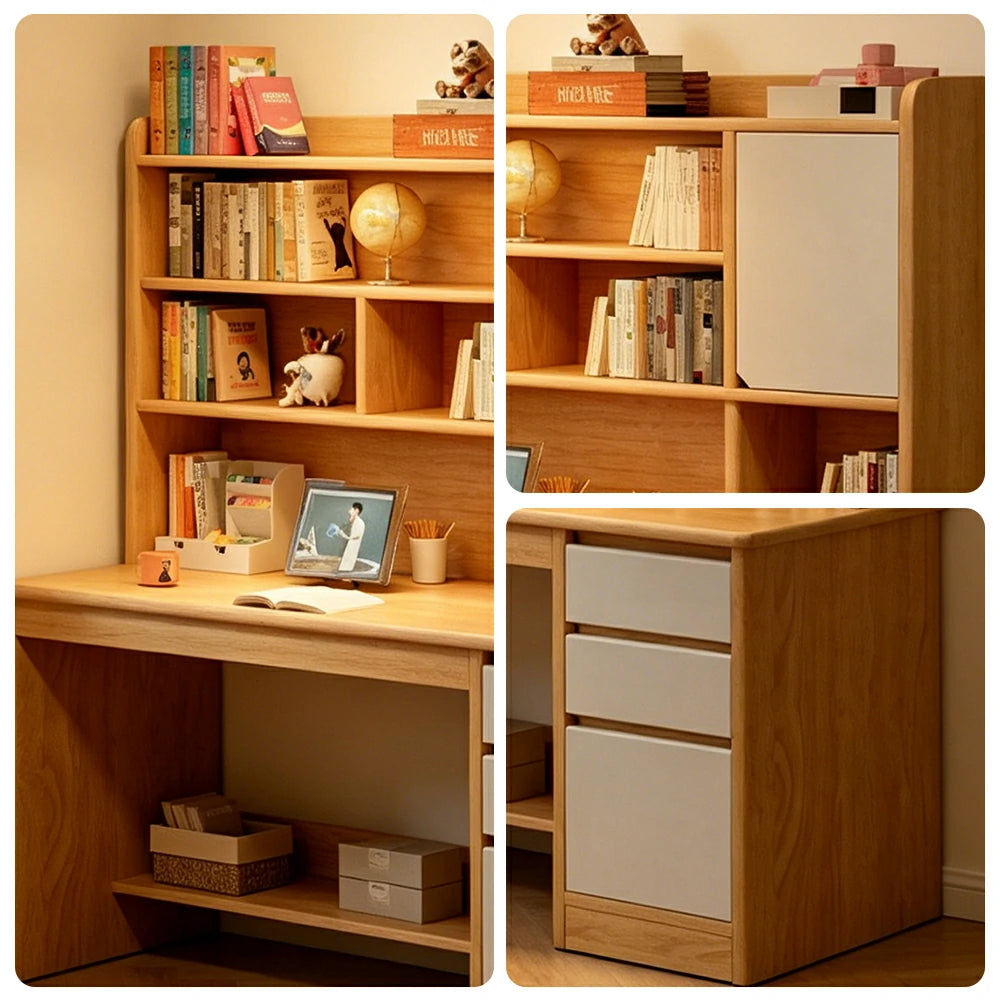 LIVARA Integrated Desk & Bookshelf High Cabinet with Large Storage for Bedroom, Study Room & Learning Area - Wood