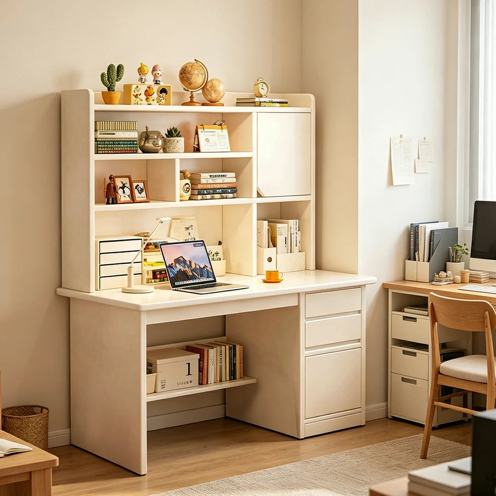 LIVARA Integrated Desk & Bookshelf High Cabinet with Large Storage for Bedroom, Study Room & Learning Area - White