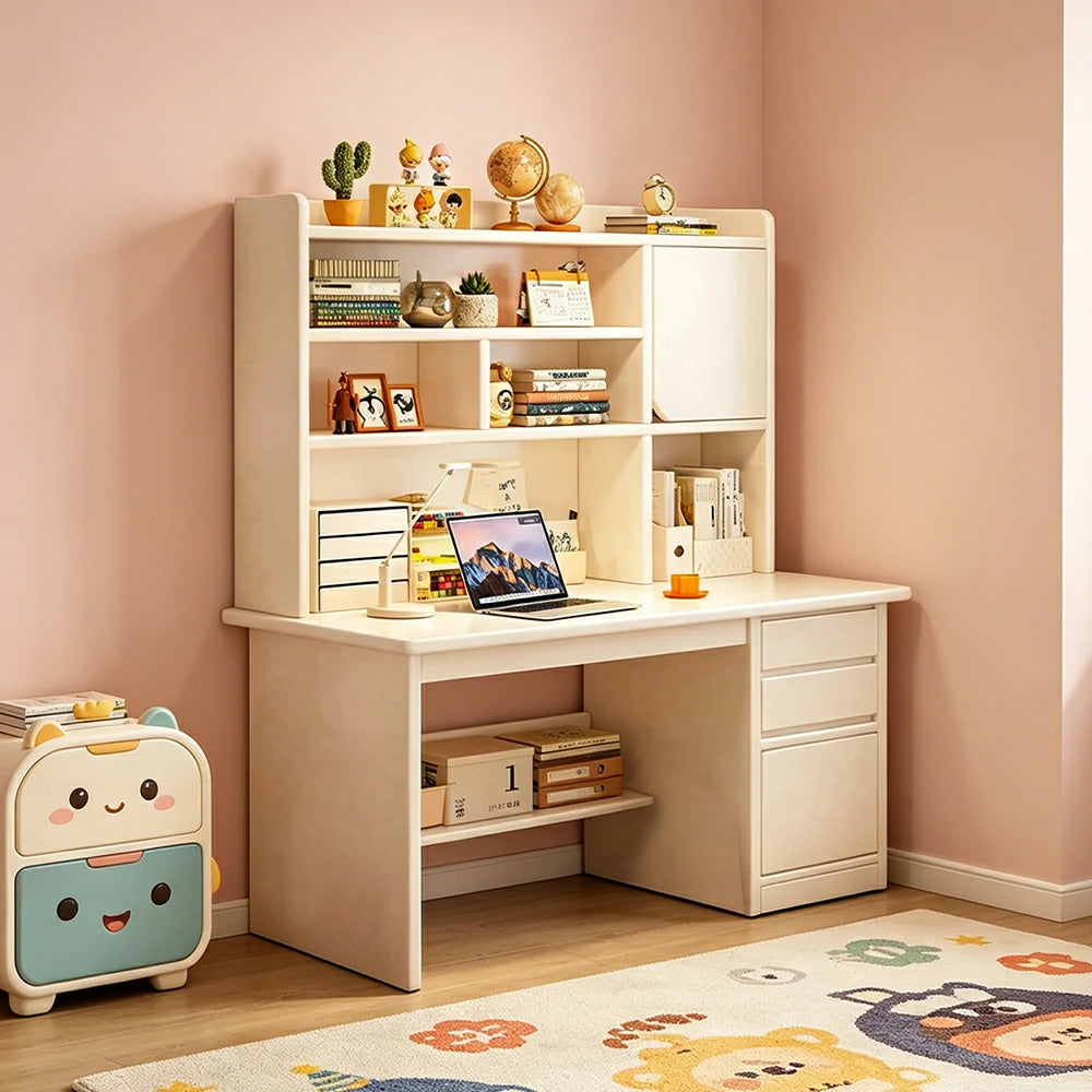LIVARA Integrated Desk & Bookshelf High Cabinet with Large Storage for Bedroom, Study Room & Learning Area - White