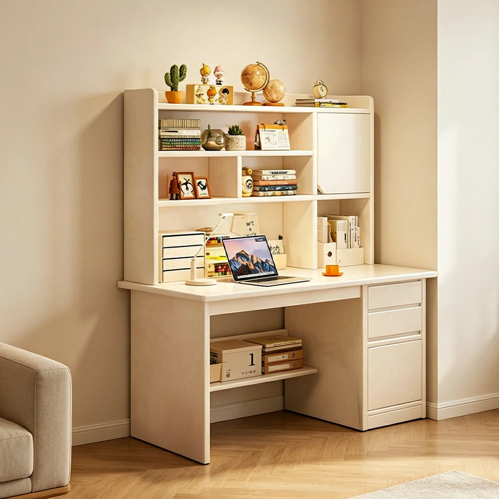 LIVARA Integrated Desk & Bookshelf High Cabinet with Large Storage for Bedroom, Study Room & Learning Area - White
