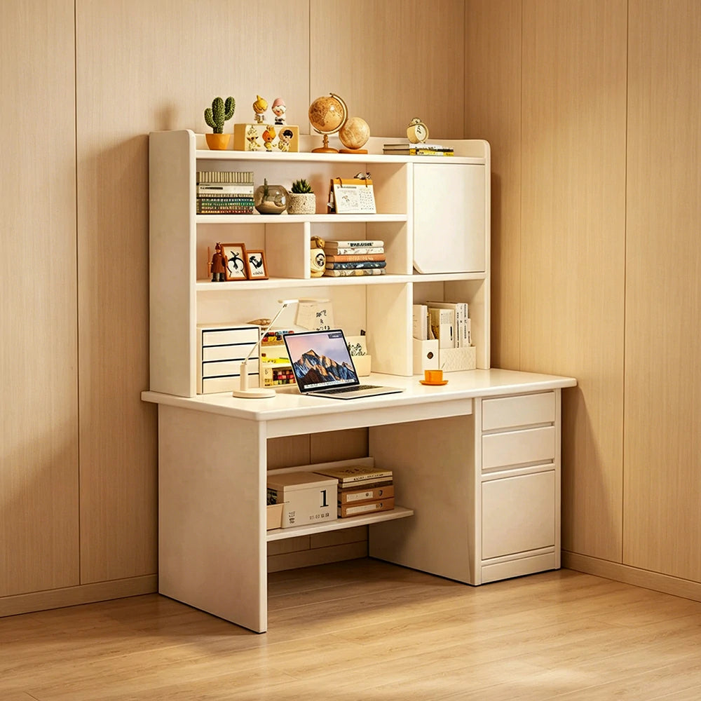 LIVARA Integrated Desk & Bookshelf High Cabinet with Large Storage for Bedroom, Study Room & Learning Area - White
